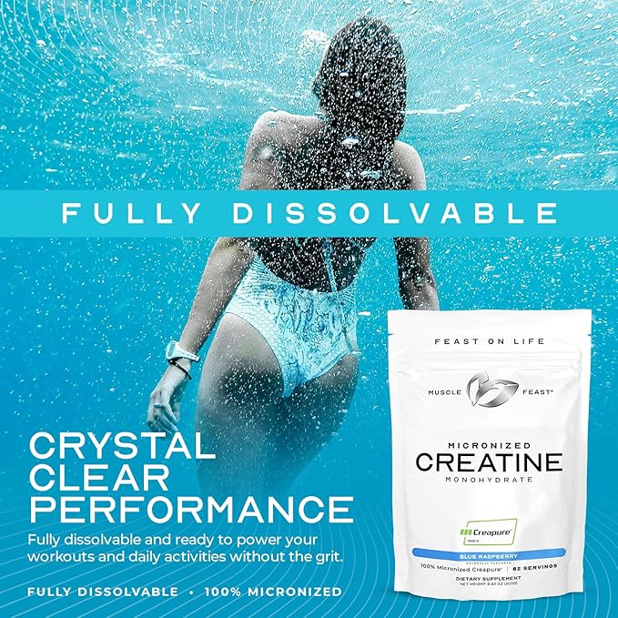 Muscle Feast Creapure - Micronized Creatine Monohydrate Powder | Premium Pre-Workout or Post-Workout | Creatine for Women &amp Men | Easy to Mix Gluten-Free Safe and Pure (Blue Raspberry 250g)