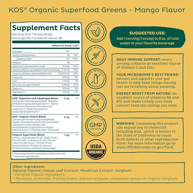 KOS Organic Superfood Greens Powder - Gut Health from Prebiotic Fiber Supergreens and Adaptogens - USDA Certified Organic Made in a GMP Certified Facility - 28 Servings Mango