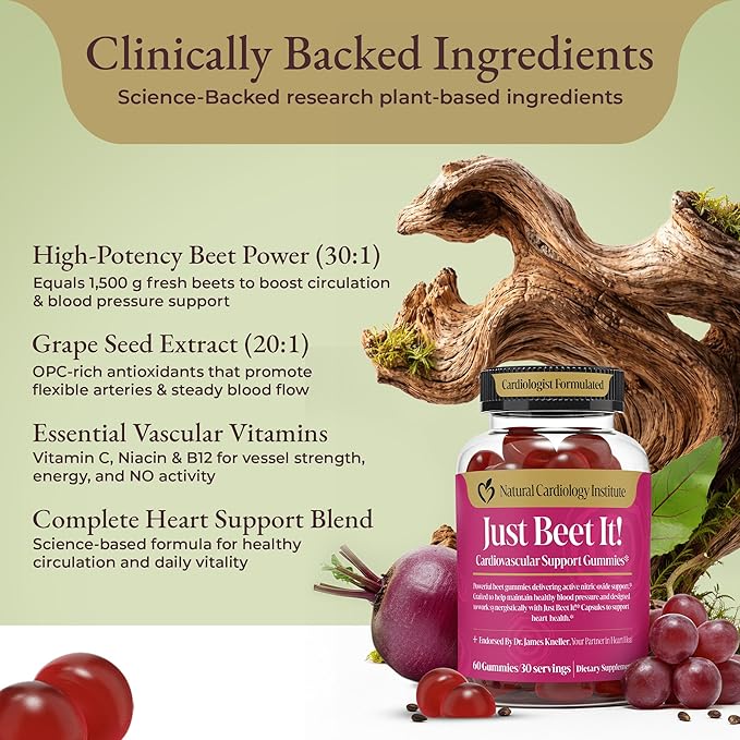 Just Beet It! Beet Root Gummies - Blood Pressure &amp Circulation Support Beet Gummies - Nitric Oxide Booster with CoQ10 &amp Grape Seed Extract - Heart Health &amp Energy for Men &amp Women - 60