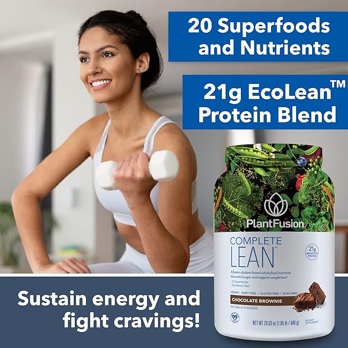 PlantFusion Complete Lean Plant Based Protein Powder - Prebiotic Fiber Superfoods &amp Digestive Enzymes - Vegan Gluten Free Soy Free Non-GMO - Chocolate Brownie 1 lb