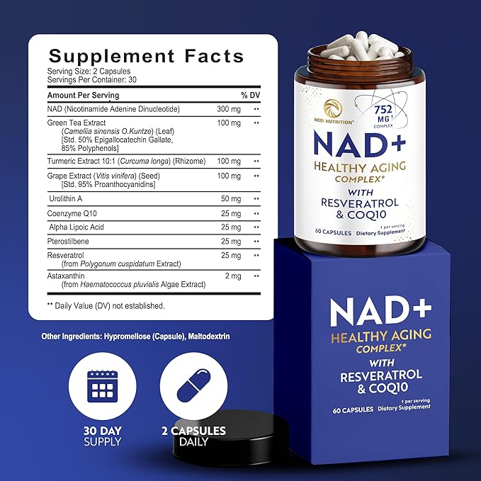 NAD+ Supplement with Resveratrol | Healthy Aging Complex | NMN Alternative with CoQ10 Urolithin A &amp More | Third-Party Tested | Energy Cellular Health &amp Longevity Support | NAD Supplement |