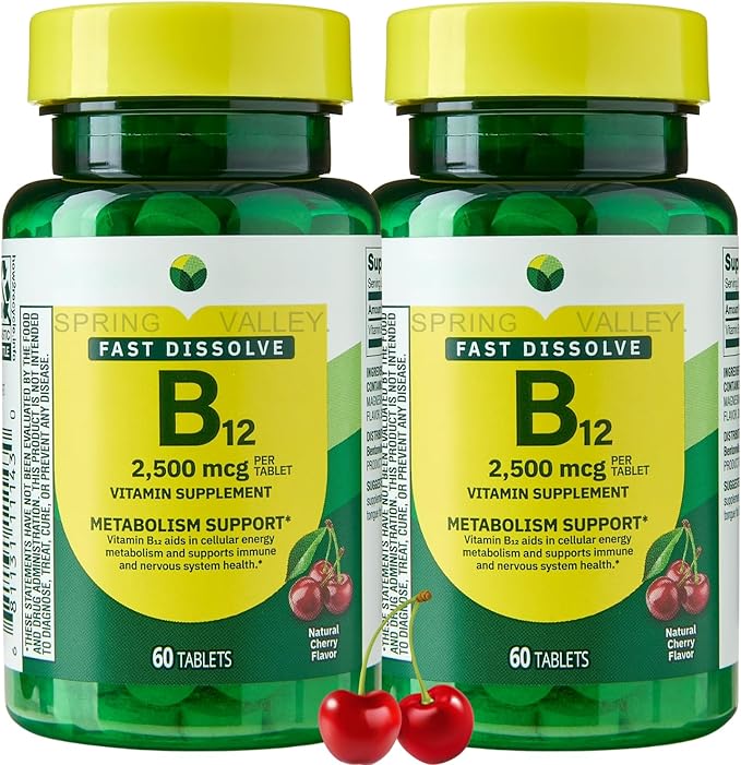 Vitamin B12 Fast Dissolve Tablets - Cherry Flavor 2500 mcg - Supports Energy &amp Nervous System - 60 Count (Pack of 2)