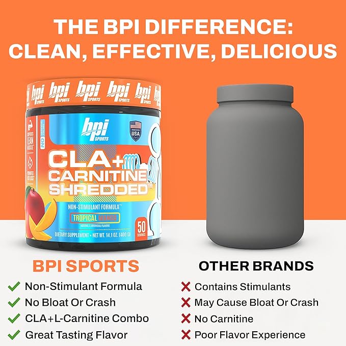 BPI Sports CLA + Carnitine Shredded - Convert Fat Cells Into Energy and Supports Lean Muscle Boost Metabolism - Non-Stimulant L-Carnitine Supplement - Tropical Mango (14.1 oz. / 50 Servings)