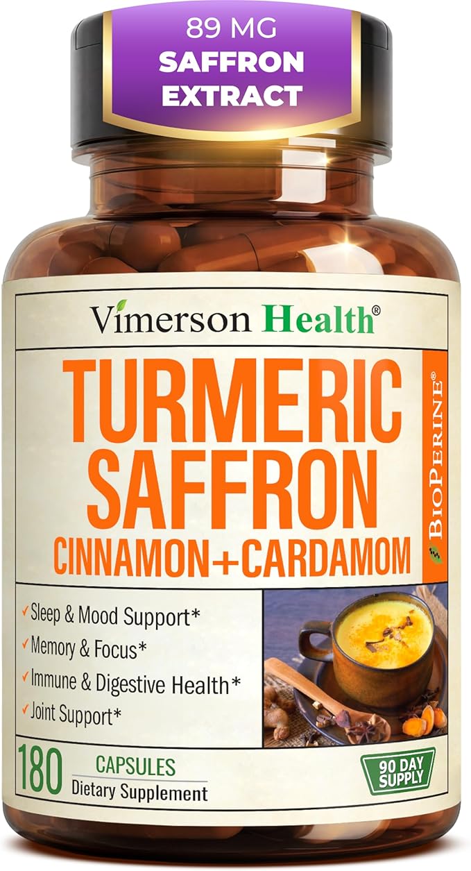Saffron Supplements – 89mg Saffron Extract 1000mg Turmeric Curcumin Ceylon Cinnamon &amp Cardamom – Daily Mood Joint &amp Metabolic Support – Joint Supplements for Women &amp Men – 180 Capsules