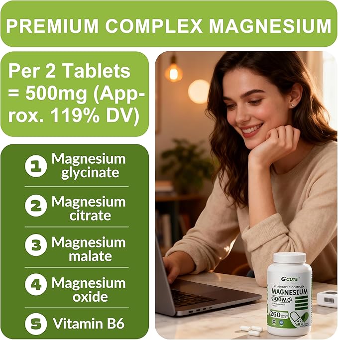 Magnesium Glycinate Complex Supplements 260 Capsules (130 Servings) | 500mg Magnesium Glycinate Citrate Malate &amp Oxide | High Absorption Vegan Gluten Free Easy to Swallow 260 Count (Pack of