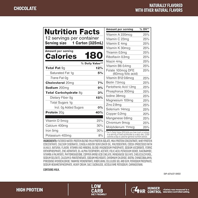 SlimFast Protein Shake Chocolate- 20g Protein Meal Replacement Shake Ready to Drink High Protein with Low Carb and Low Sugar 24 Vitamins and Minerals 12 Count (Pack of 1) (Packaging May Vary)