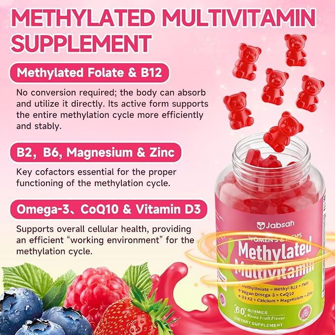 Methylated Vitamin B Complex Gummies for Women &amp Men Multivitanins Gummy with Vitamin A C E Methylfolate &amp B12 TMG Calcium D3 K2 Magnesium &amp More for Overall Health-Vegan Sugar Fr