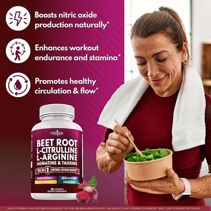 NEW AGE Beet Root Capsules - L Arginine L Citrulline Nitric Oxide Beetroot Powder Arginine Citrulline Supplement – 180 Vegan Capsules