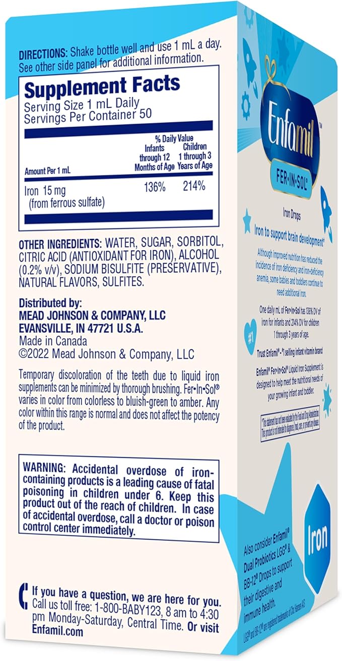 Enfamil Fer-in-Sol Iron Supplement Drops for Infants 50 mL Dropper Bottle (Pack of 2)