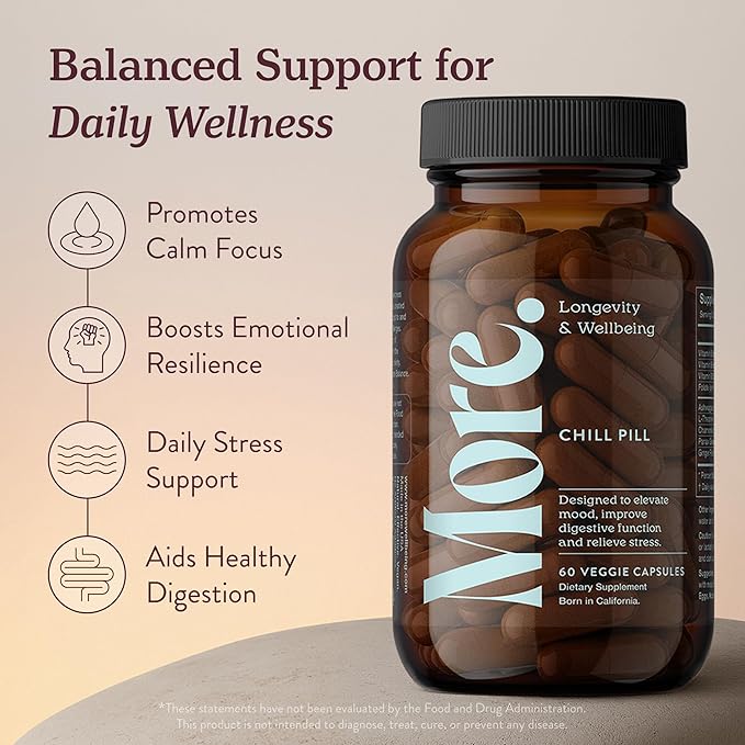 More. Longevity &amp Wellbeing Chill Pill – Premium Mood Support with Adaptogens Ashwagandha Supplements Antioxidants Amino Acid &amp Plant Extracts for Stress Support &amp Digestion – No Filler