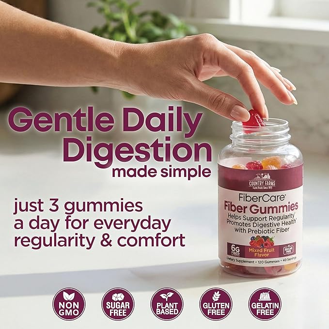 Country Farms Fiber Care Prebiotic Gummies 6g of Fiber Per Serving FOS from Beets Digestive Health Supports Regularity Mixed Fruit Flavor