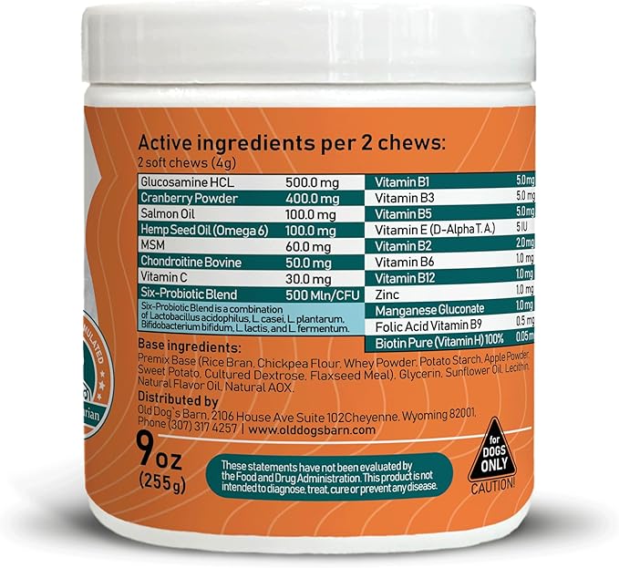 Old Dog's Barn Multivitamins 19 in 1 for Dogs – Glucosamine Salmon Oil Cranberry Powder Hemp Seed Oil (Omega 6) MSM Chondroitin Vitamin C Probiotics Zinc &amp Folic Acid 120 Soft Chews