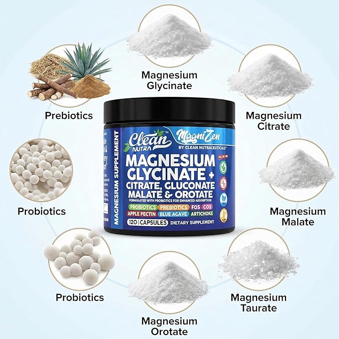 Clean Nutra Magnesium Glycinate Citrate Malate Orotate Taurate Supplement Complex + 10 Strain Probiotic Prebiotics FOS GOS Inulin Sleep Calm Support Apple Pectin – 120 Vegan Capsules