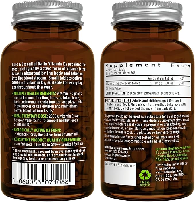 Daily Vitamin D3 + High Absorption Curcumin C3 Complex Vegetarian Bundle 365 2000iu Vitamin D3 Tablets + 300% Greater Absorption Curcuminoids with Rapid Uptake by Igennus
