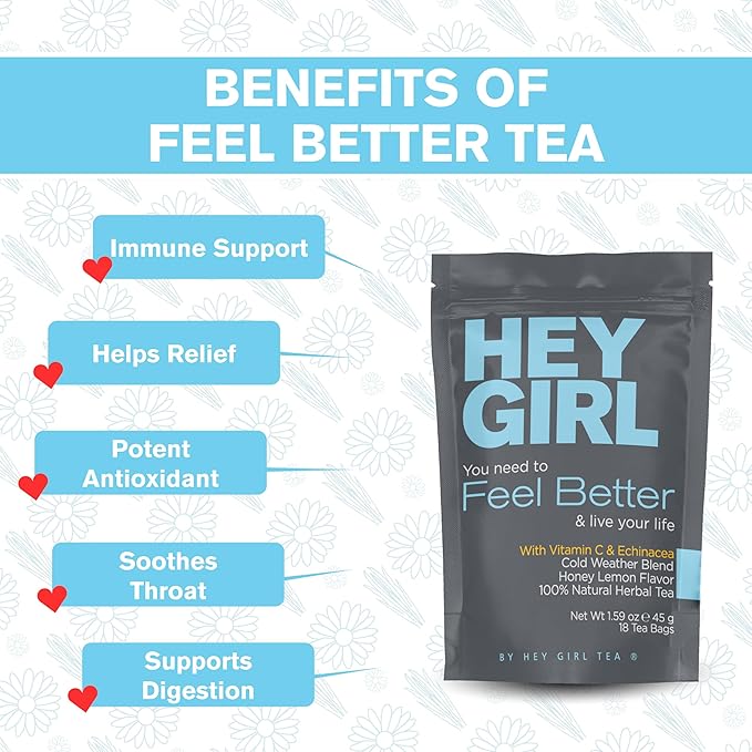 Hey Girl Sleep + Feel Better Tea Bundle - Sleep Tea w/Chamomile Valerian Root &amp Lemon Balm in Tea Bags + Feel Better Herbal Tea with Echinacea Elderberry Vitamin C