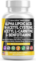 Alpha Lipoic Acid 600mg N-Acetyl Cysteine 600mg Acetyl L-Carnitine 500mg Benfotiamine 300mg - Nerve Support Supplement for Women and Men with Vitamin B1 B6 &amp B12 - Made in USA 90 Caps