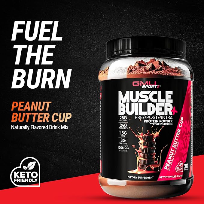 GMU SPORT – Muscle Builder+ Protein with 3g Creatine 1.5g HMB Collagen &amp Enzymes | 25g Protein 28g Carbs 240 Calories | Low Sugar Whey Protein for Strength Recovery &amp Muscle Growth – 20 S