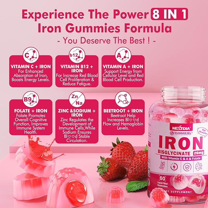 Iron Bisglycinate 26mg Filled Gummies- Gentle Beet Root Iron Gummy plus Vitamin C Supplement Iron with B12 &amp Folate for Women &amp Men Iron Deficiency Immune &amp Energy Support Sugar-Free