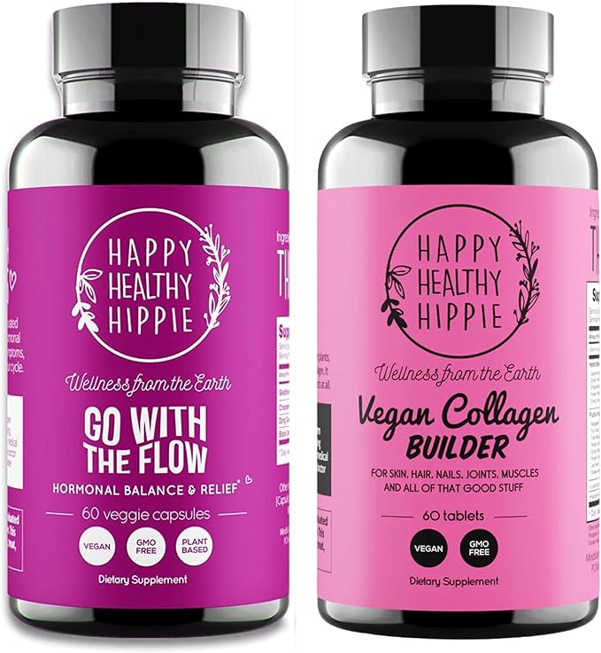 Happy Healthy Hippie Vegan Collagen Builder w/Hyaluronic Acid &amp Go with The Flow Hormone Balance for Women