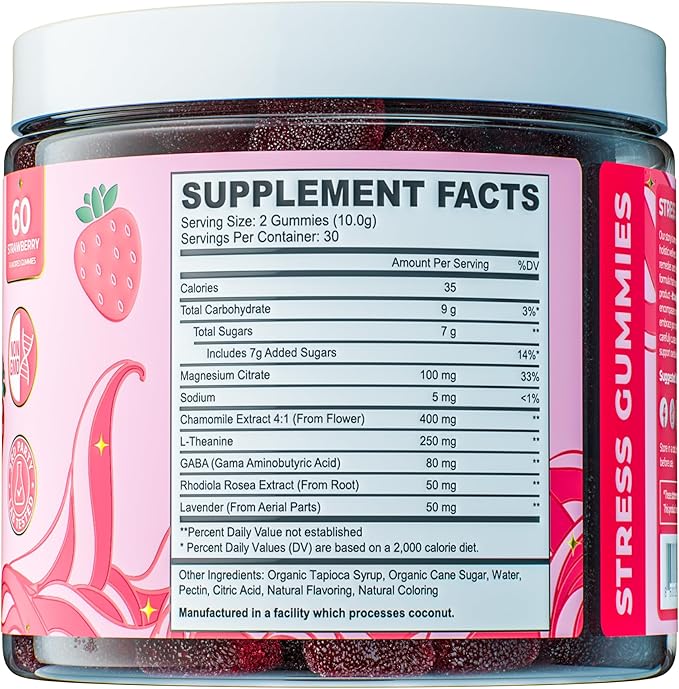Stress Relief Supplement for Women &amp Kids | L Theanine GABA Supplements with Rhodiola Rosea for Stress | Magnesium Citrate Gummies for Kids | Cortisol Supplements for Women | Kava Kava Alternative