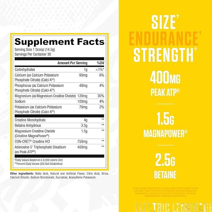 RYSE Loaded Creatine for Men &amp Women - Electric Lemonade - Muscle Building Formula with 3 Forms of Electrolytes Betaine Anhydrous and Peak ATP - Strength Power &amp Endurance Support - 30 Servi