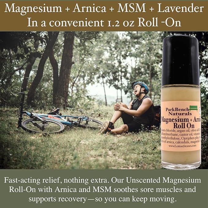 Park Bench Naturals Magnesium Roll-On with Arnica and MSM Unscented Natural Relief Formula 1.2 oz Glass Bottle Made in USA