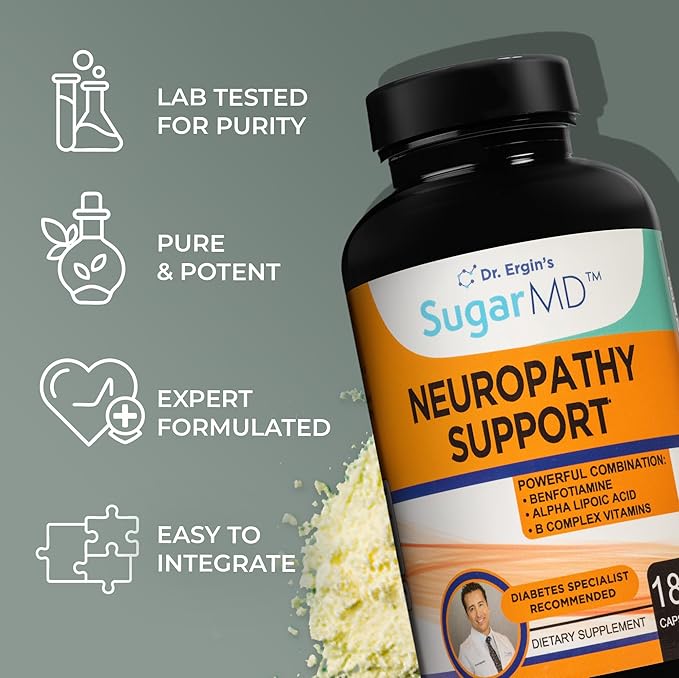 SugarMD Neuropathy Support Supplement – 180 Nerve Supplement Capsules with Alpha Lipoic Acid Benfotiamine &amp Vitamin D3 B6 B12 - Nerve Support for Feet Hands Fingers &amp Legs - 90 Day Supply