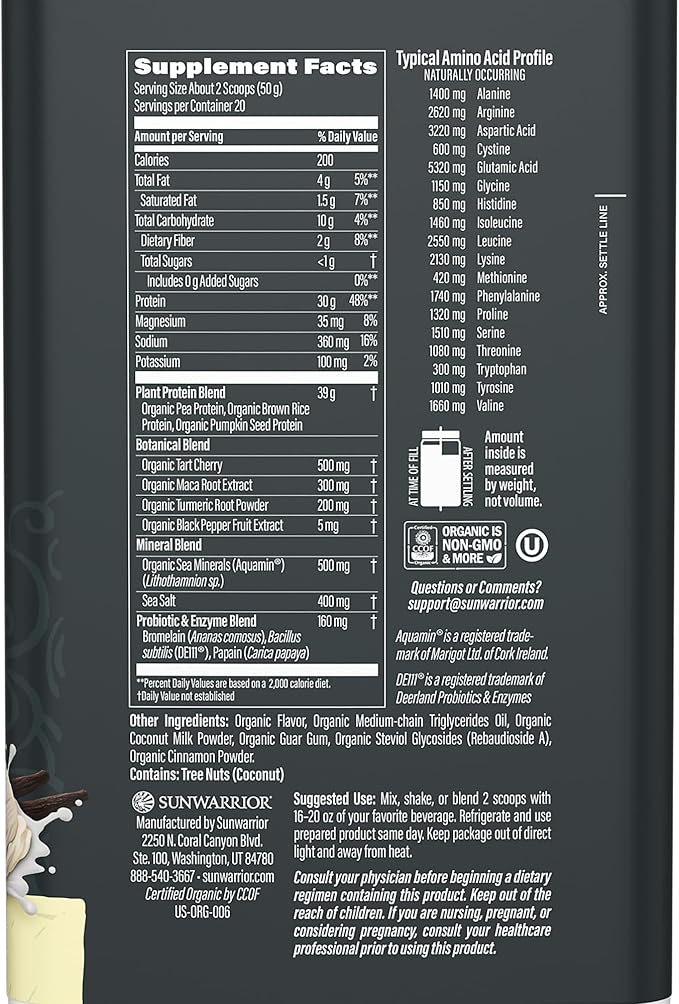 Sunwarrior Organic Plant Based Protein Powder | Vegan Organic Protein Powder with BCAA Amino Acids Plus Recovery Minerals &amp Botanicals | Non-GMO Soy Dairy &amp Gluten Free (Vanilla 20 Servings)