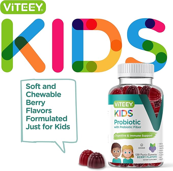 Viteey Probiotic Gummies for Kids Plus Prebiotics Fiber - 2 Billion CFUs - Digestive HealthGut Health Constipation Relief for Kids Support - Vegan Gelatin Free - Chewable Probiotic Berry Flavored