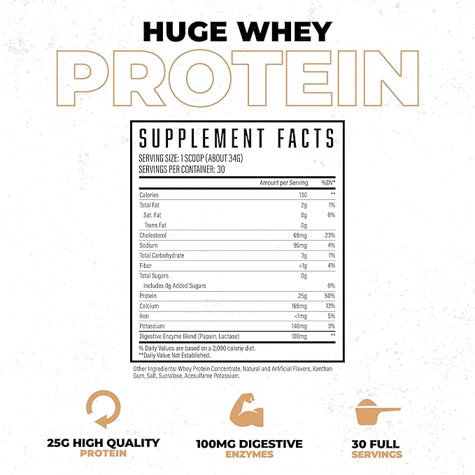 Huge Whey Protein Powder for Muscle Gain 25g Protein 12g EAAs Supports Muscle Growth Performance &amp Recovery (Vanilla Milkshake 30 Servings)