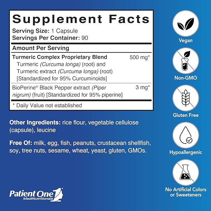 Patient One Turmeric Curcumin 500 mg | Supplement to Support Healthy Inflammatory Response and More* | with Black Pepper Extract | 90 Capsules