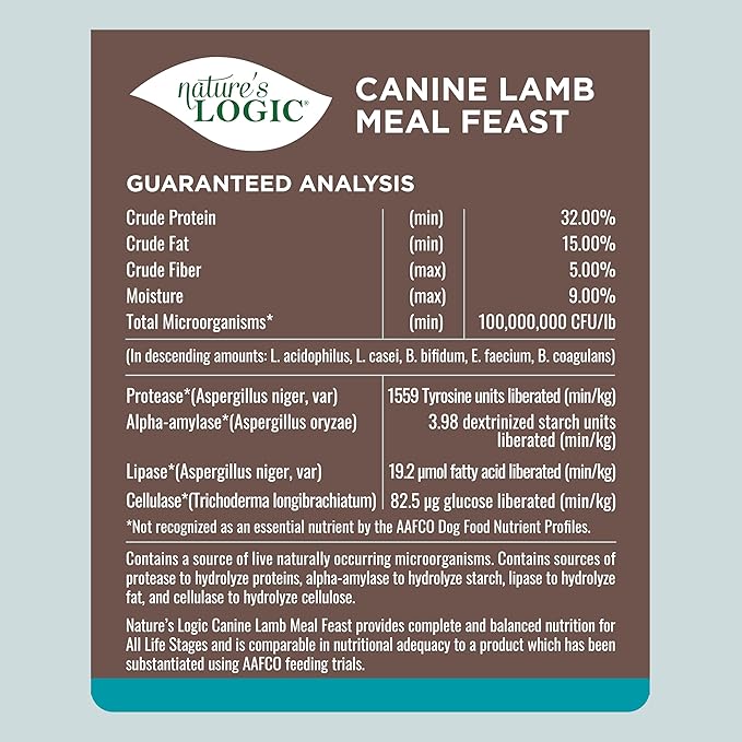 Nature's Logic Dry Dog Food - 100% Natural - No Synthetics - For All Ages Sizes Breeds - Free From Common Allergens High Protein - Lamb Meal Feast 4.4lbs