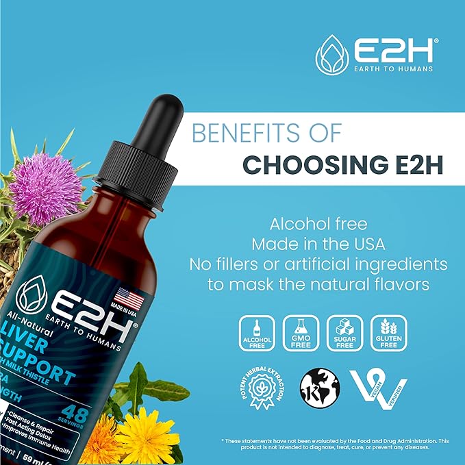 E2H Liver Support Supplement with Milk Thistle - Liver Cleanse Detox &amp Repair - Artichoke Extract Dandelion Root Chanca Piedra and More - Absorbent Liquid Formula (3 Bottles)