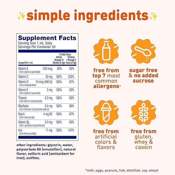 Enfamil Poly-Vi-Sol and Fer-in-Sol Iron Liquid Drop Multivitamin Supplements for Infants and Toddlers 2x50 mL Dropper Bottle