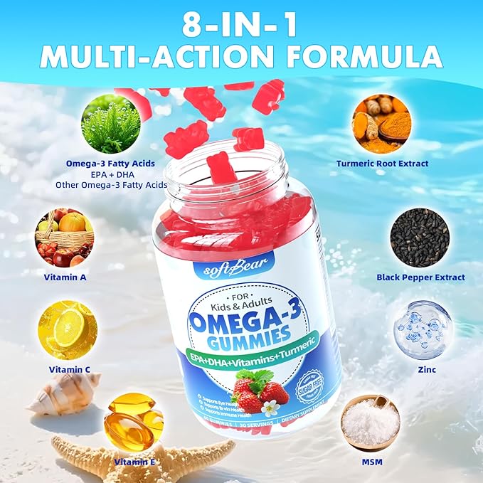 softbear Omega 3 Gummies for Women &amp Men &amp Kids Omega 3 Supplements 1200mg Vegan Omega 3 Fatty Acids DHA EPA with Vitamins Support Eye &amp Brain Health Sugar Free Strawberry Flavor 120 Cou