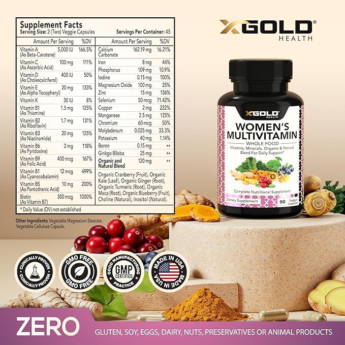 Vegan Women's Daily Multivitamin 50 Plus with Organic WholeFood Based Natural Ingredients Ginger Maca Multi-Vitamin B Complex &amp More - Energy Support Immune System Booster -90 Capsules