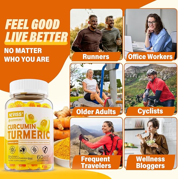 Sugar Free Turmeric Curcumin Filled Gummies 550mg for Adults Ginger &amp Black Pepper | 95% Curcuminoids w/Prebiotic Probiotic &amp Postbiotic Blend Support Immune &amp Digestive Health Vegan