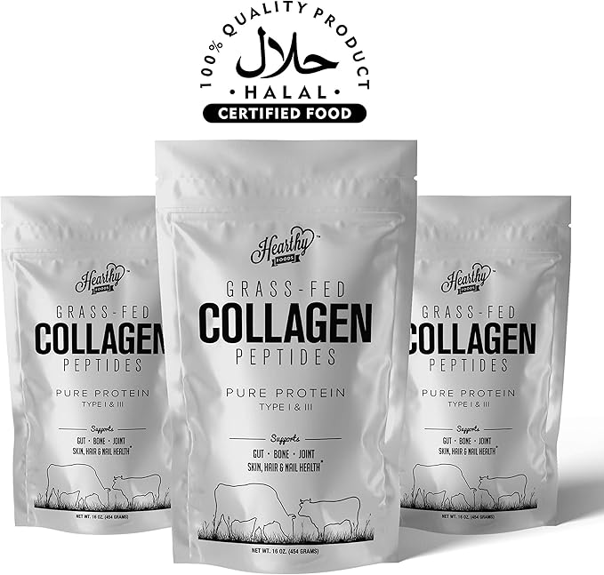 HEARTHY FOODS Collagen Powder - 18g Protein - Pure Halal Collagen Peptides Grass Fed Organic Hydrolyzed Powder | Type I and III Unflavoured Keto Friendly Gluten Free No Sugar Non GMO 16 Oz