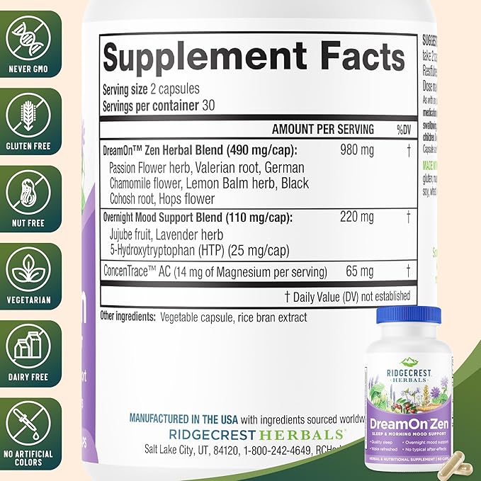 Ridgecrest Herbals DreamOn Zen Sleep Support Supplement Melatonin Free Magnesium 5-HTP Lavender Chamomile Valerian Lemon Balm for Adults and Children 12+ (60 Caps 30 Serv)