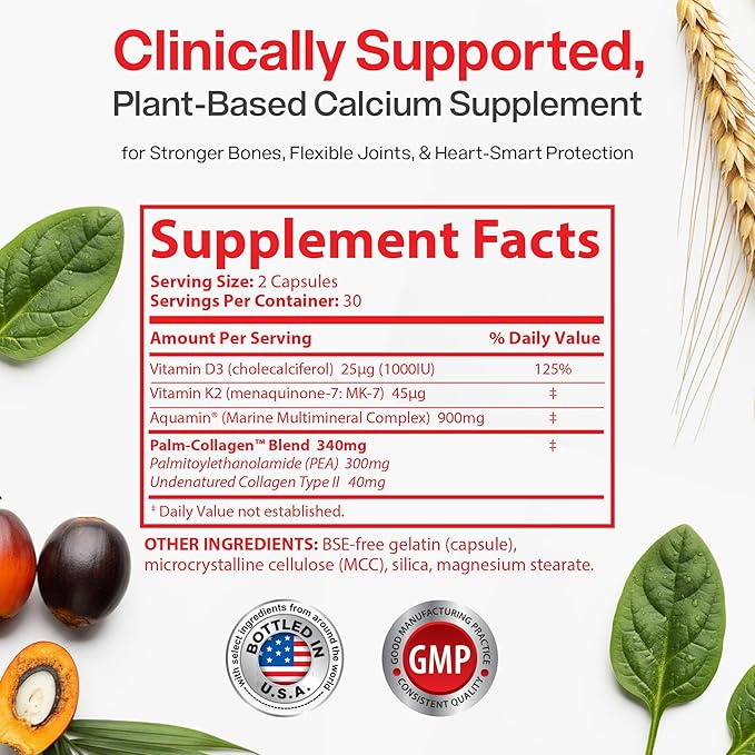 Peak Health Research - Bone &amp Joint Formula - Calcium Supplements for Women &amp Men with Vitamin D3 K2 &amp Aquamin - Triple Action Formula for Better Bone Health - 60 Capsules