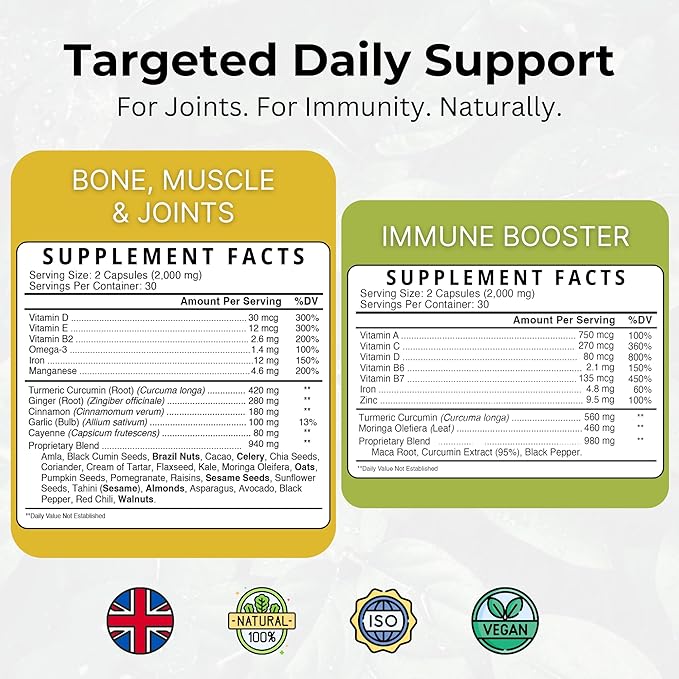 Total Mobility &amp Immune Shield – Natural Support for Joints Muscles and Immune Health | Vegan UK Made Supplement Duo | Ginger Moringa Turmeric Maca | 2-Pack