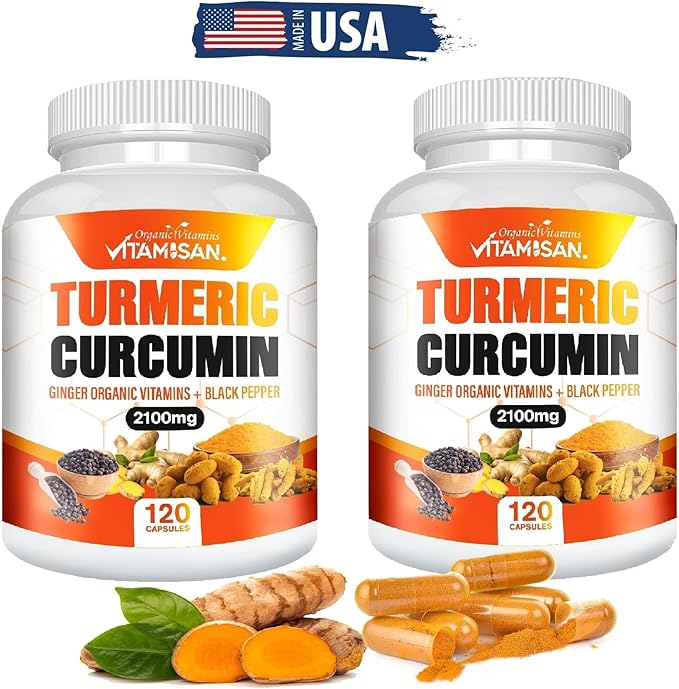VITAMISAN Turmeric Curcumin 2100mg with Ginger &amp Black Pepper – 2 Pack (120 Capsules Each) – Herbal Supplement for General Wellness – Non-GMO – Made in USA
