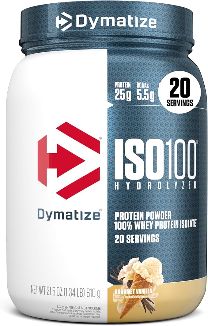 Dymatize ISO100 Whey Protein Powder Isolate Gourmet Vanilla 25g of Protein 5.5g BCAAs Less Than 120 Cal. Gluten Free 1g Fat 1g Sugar 2g Carb (20 Servings)