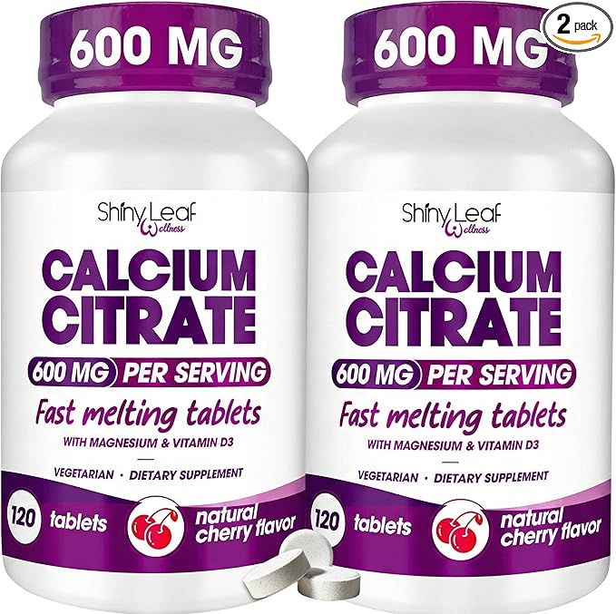 Fast Melting Calcium Citrate 600mg with Vitamin D3 and Magnesium - 120 Ct x 2 Pack Smooth Dissolving Cherry Flavor Tablets Non-Chalky Bariatric Calcium for Post Surgery