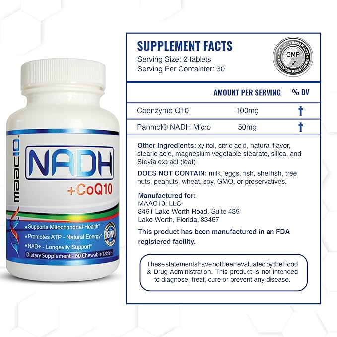 MAAC10 NADH + CoQ10 Supplement | Great Tasting Chewable Tablets | 50mg PANMOL® NADH + 100mg CoQ10 | for Fatigue Energy and Mental Focus | NAD+ Supplement (60 Tablets 2 per Serving)