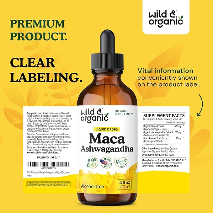 Wild &amp Organic Maca Root Ashwagandha Drops for Men and Women - Liquid Maca Ashwagandha Supplement for Overall Support - Peruvian Extract Tincture - Vegan Sugar &amp Alcohol-Free - 4 fl oz
