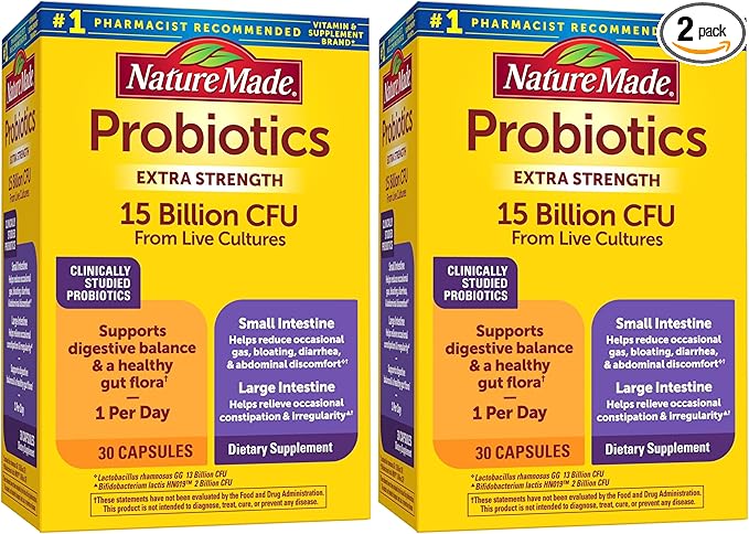 Nature Made Probiotics for Digestive Health Extra Strength 15 Billion CFU from Live CulturesProbiotics for Women and Men30 Probiotic Capsules30 Day Supply(Pack of 2)