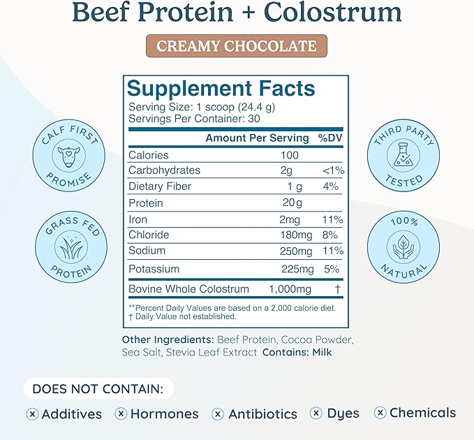 WONDERCOW Beef Protein Isolate Powder w/Bovine Colostrum Supplement | Clean 100% Grass Fed Carnivore Keto Friendly | Gluten Free | 20g of Protein 30 Servings Chocolate