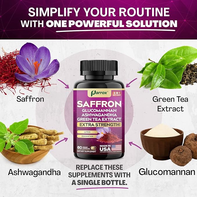Saffron Supplement with Glucomannan Ashwagandha Green Tea Extract Zeaxanthin &amp Lutein Vision Support &amp Daily Wellness Formula Extra Strength Plant-Based Capsules 2 Month Supply (60 Caps)