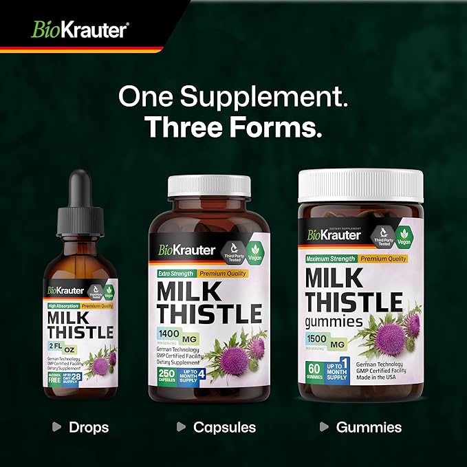 BIO KRAUTER® Milk Thistle Supplement - Liquid Pure Vegan Milk Thistle Extract 680 mg per Serving 2 Fl.Oz 28 Days of Supply - Liver Cleanse &amp Detox Сontains Silymarin - Alcohol &amp Sugar Free